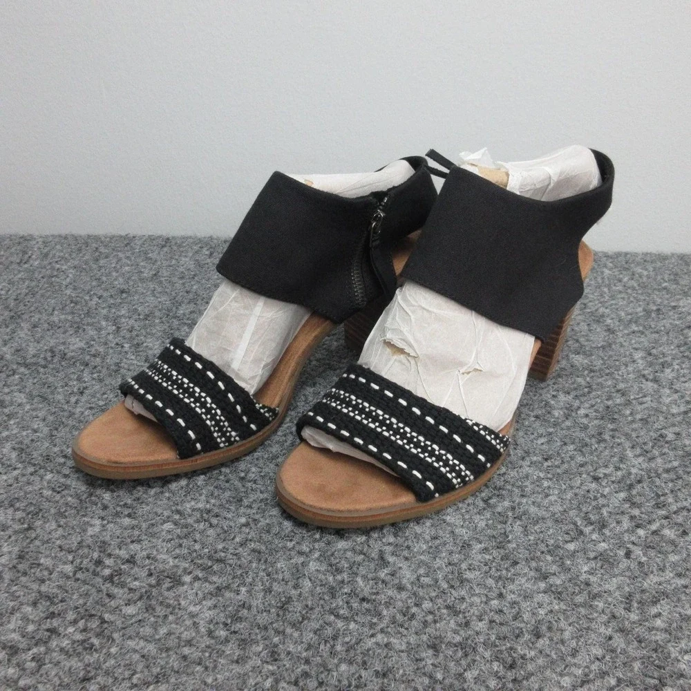 TOMS Majorca Cutout Sandals Womens Size 10 Black Strappy Woven Block Heel Zip